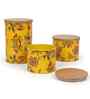 Yellow Floral Printed Metal Airtight Containers With Wooden Lids Set Of 3