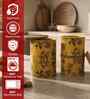 Yellow Floral Printed Metal Airtight Containers With Wooden Lids Set Of 3