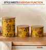 Yellow Floral Printed Metal Airtight Containers With Wooden Lids Set Of 3