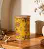 Yellow Floral Printed Metal Airtight Storage Container With Wooden Lid