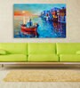 Boat On Water In Blue Canvas Framed Art Print (33 x 21 Inches)