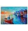 Boat On Water In Blue Canvas Framed Art Print (33 x 21 Inches)