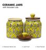 Yellow Jodhpuri Hand Painted Ceramic Jar with Wooden Lid Set of 2