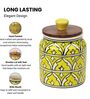 Yellow Jodhpuri Hand Painted Ceramic Jar with Wooden Lid Set of 2
