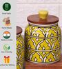 Yellow Jodhpuri Hand Painted Ceramic Jar with Wooden Lid Set of 2