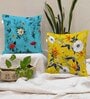 Yellow and Blue Jute Floral 16x16 inches Cushion Covers (Pack of 2)