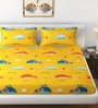 Yellow Printed 160 TC Poly Cotton King Size Fitted Bedsheet With 2 Pillow Covers