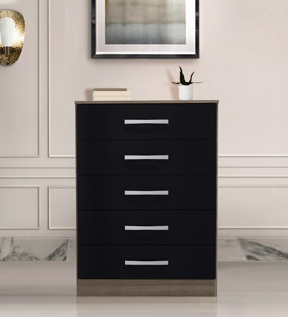Buy Yoru Chest of 5 Drawers in Teak and Matte Black Finish Mintwud By