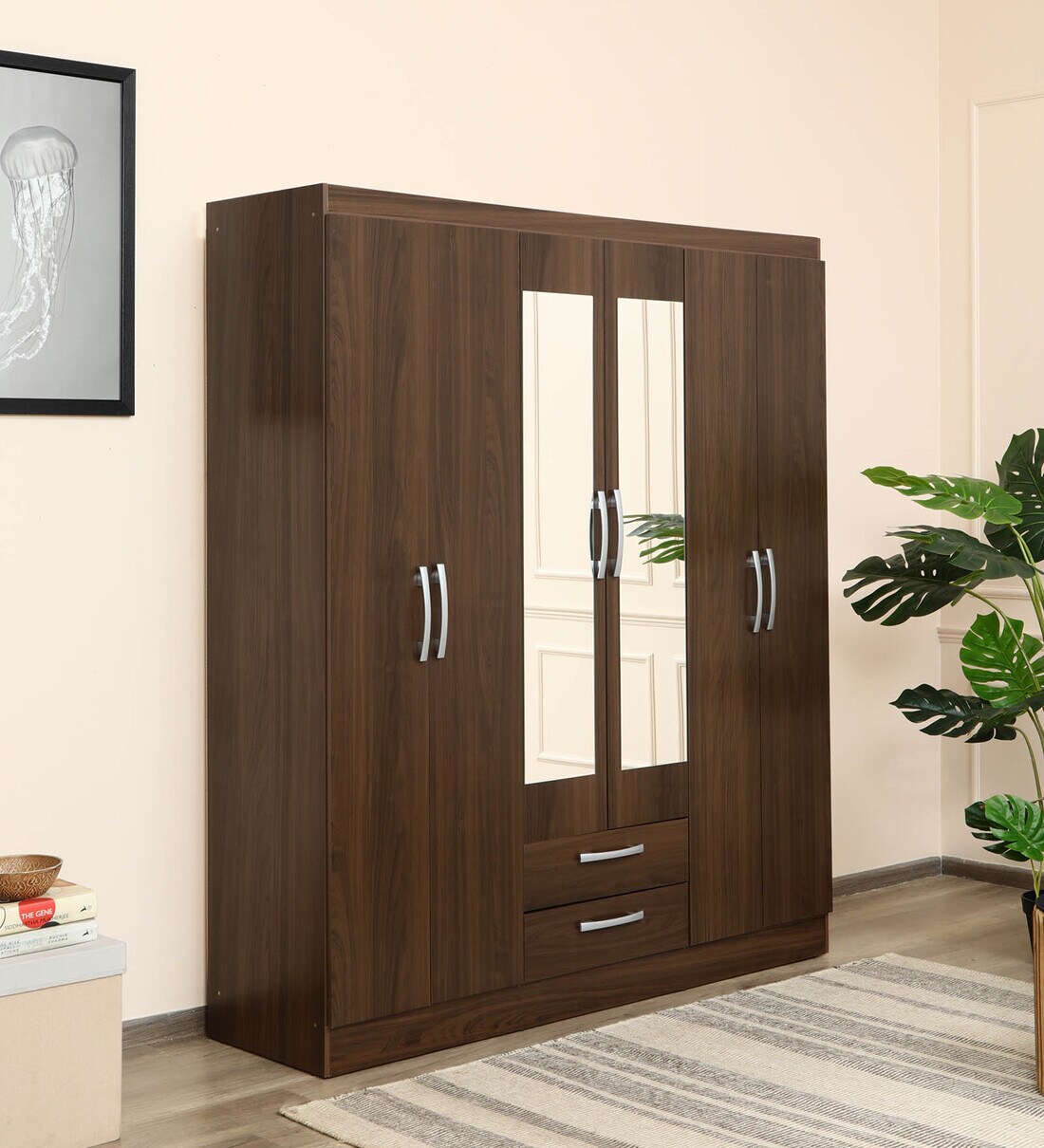 Buy Yoshihisa 6 Door Wardrobe With Mirror In Regato Walnut Finish By