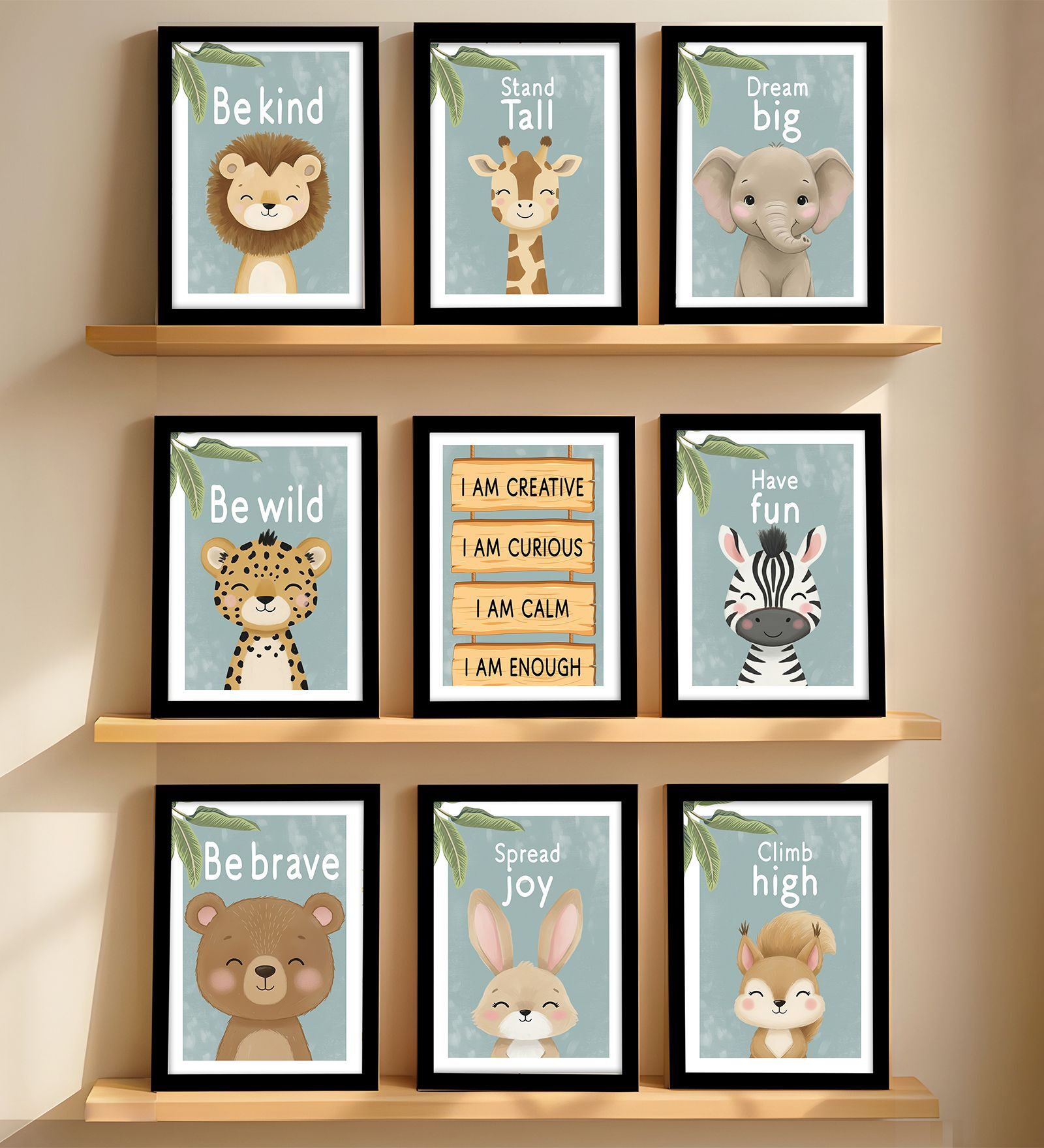Kids Jungle Animal Wall Art Framed Set of 9