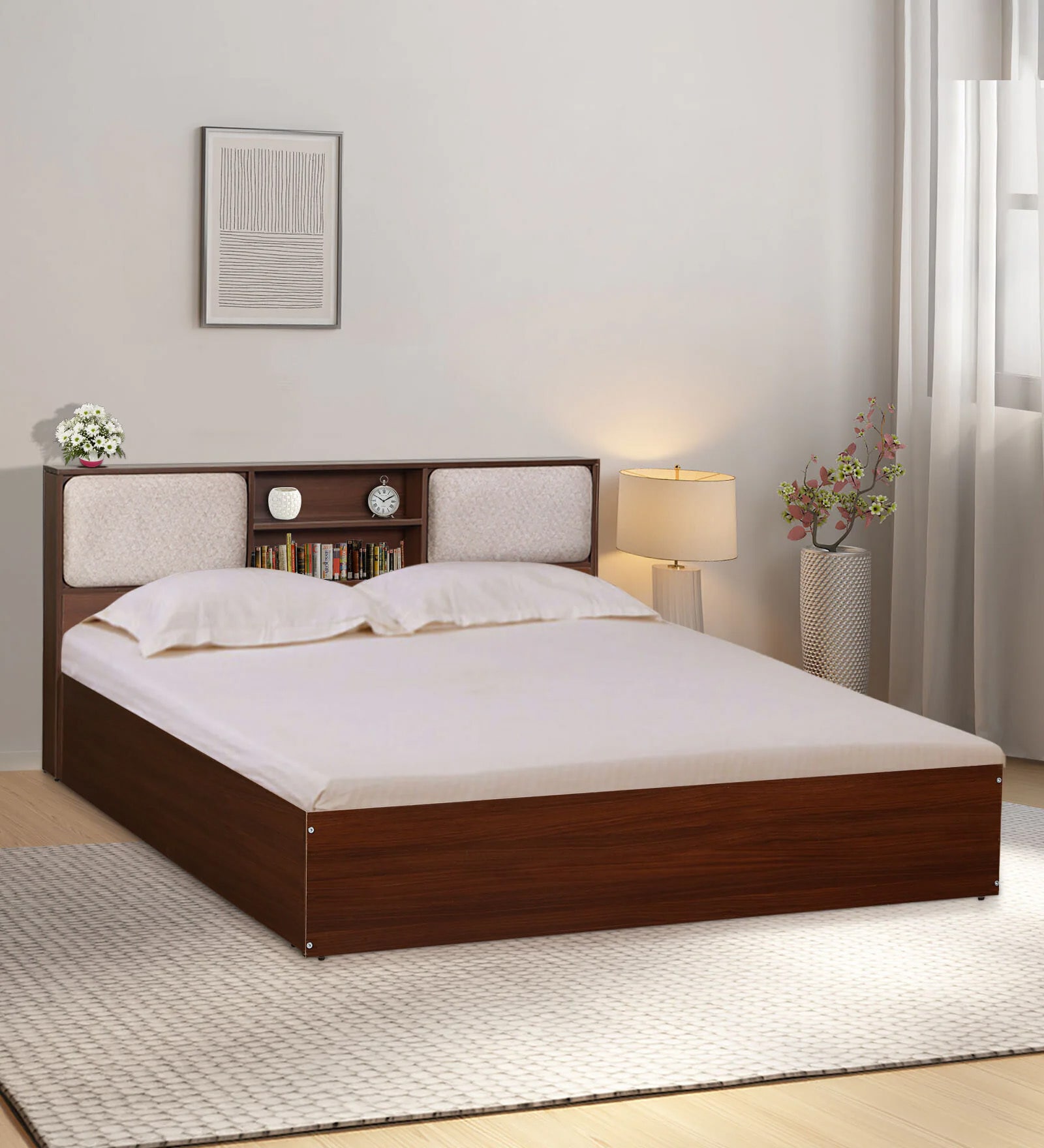 Yokohama King Size Bed In Planked Walnut Finish With Hydraulic Storage & Upholstered Headboard Storage Yokohama King Size Bed In Planked Walnut Finish With Hydraulic Storage & Upholstered Headboard Storage