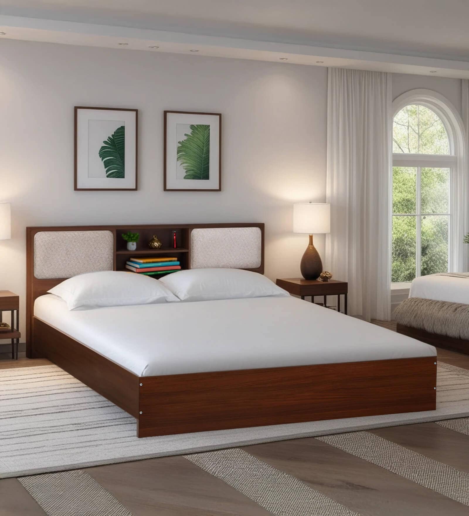 Yokohama King size Bed in Planked Walnut Finish with Upholstered Headboard Storage