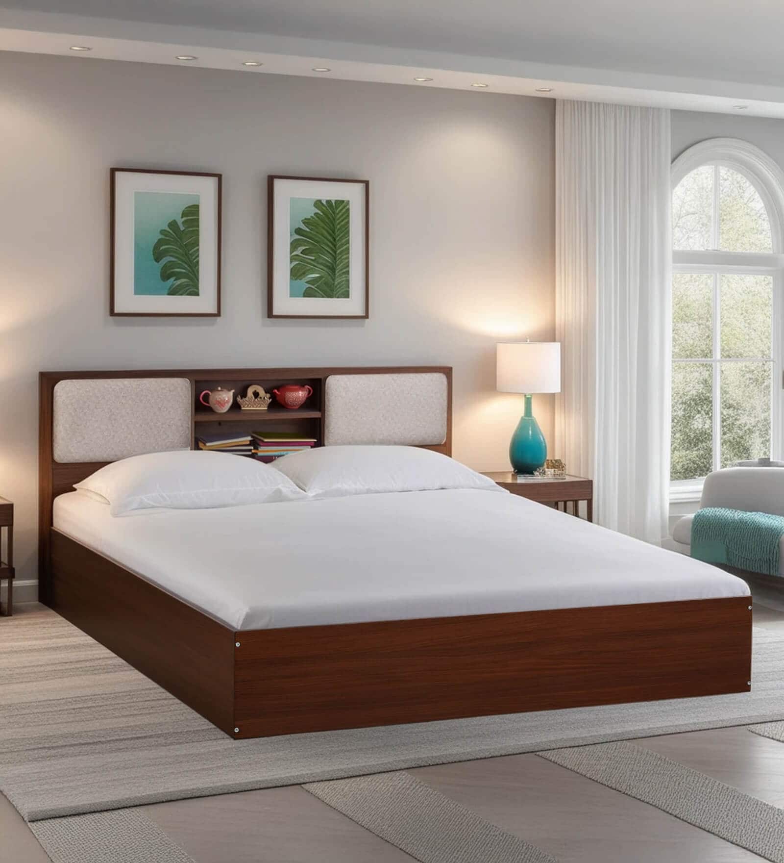 Yokohama Queen Size Bed In Planked Walnut Finish With Box Storage & Upholstered Headboard Storage Yokohama Queen Size Bed In Planked Walnut Finish With Box Storage & Upholstered Headboard Storage
