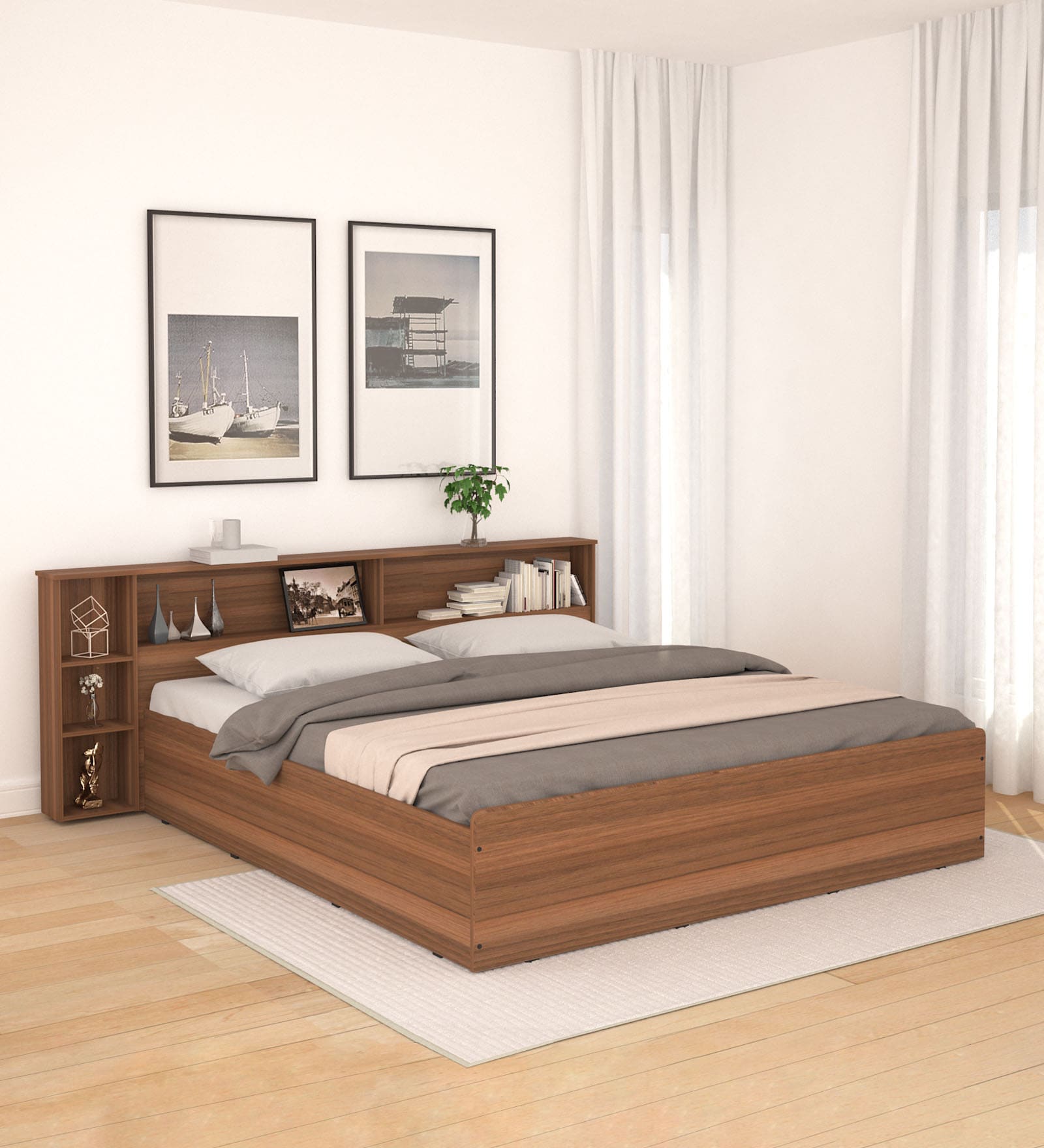 Yovalty King Size Bed in Leon Teak Finish with Bedside Table & Box storage