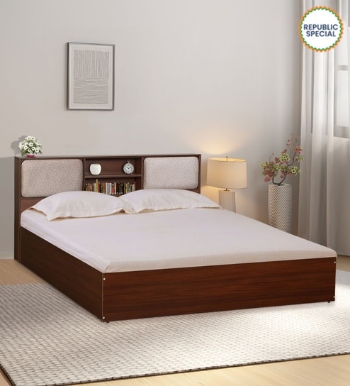 Yokohama King size Bed in Planked Walnut Finish with Hydraulic Storage & Upholstered Headboard Storage