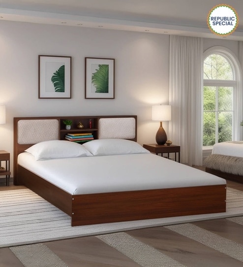 Yokohama King size Bed in Planked Walnut Finish with Upholstered Headboard Storage