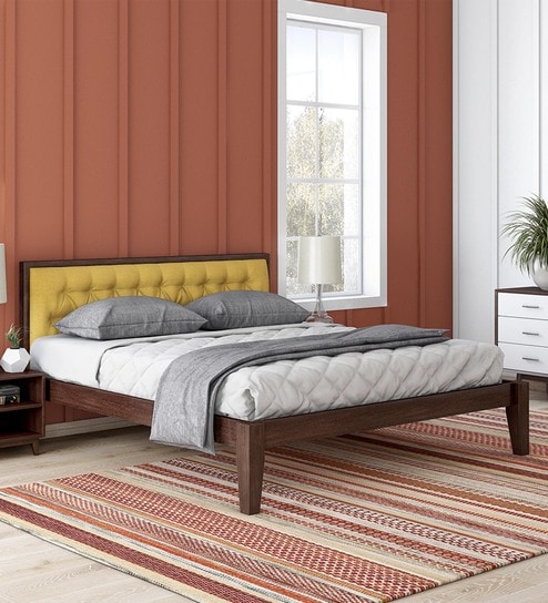 Pure Upholstered Headboard York Solid Wood Queen Size Bed In Brown Finish