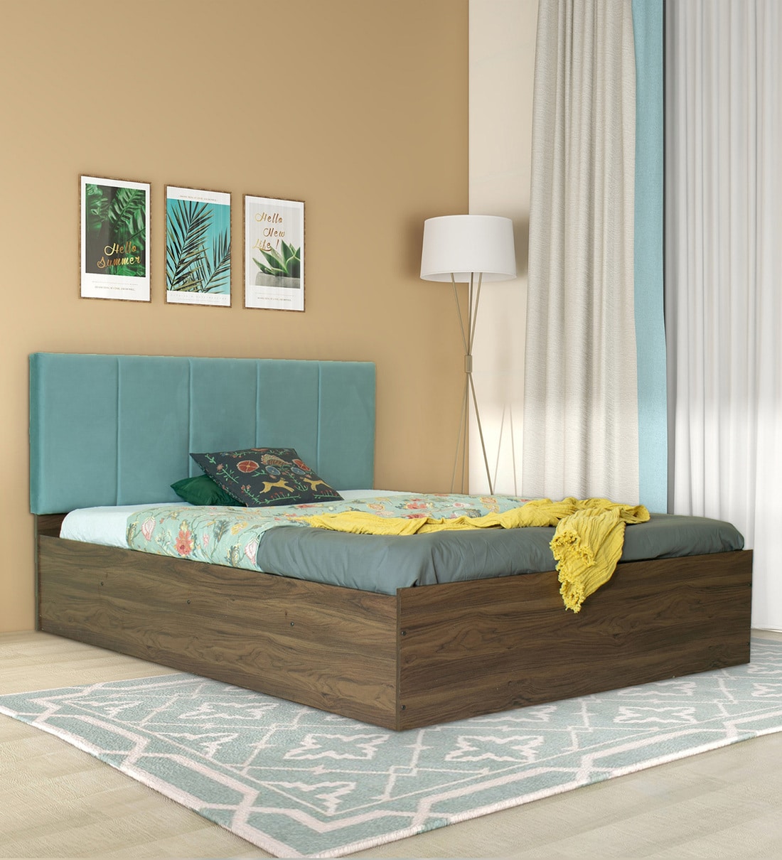 Buy Yui Queen Size Upholstered Bed in Mint Green & Walnut Colour