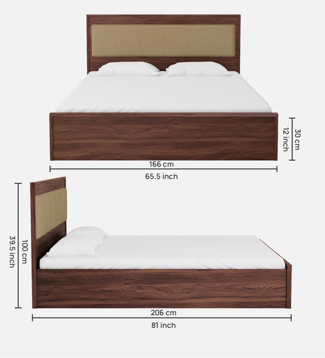 Buy Yuko Upholstered Queen Size Bed in Columbia Walnut Finish with Hydraulic Storage Online
