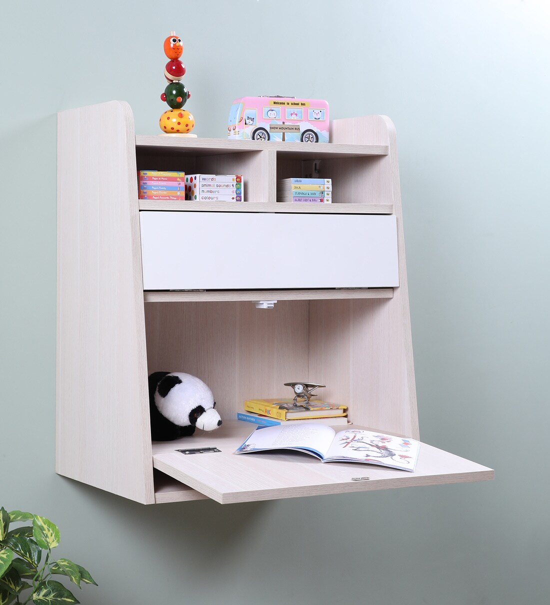 Buy Yun Kids Wall Mounted Study Table In White & Mellow Green Colour by