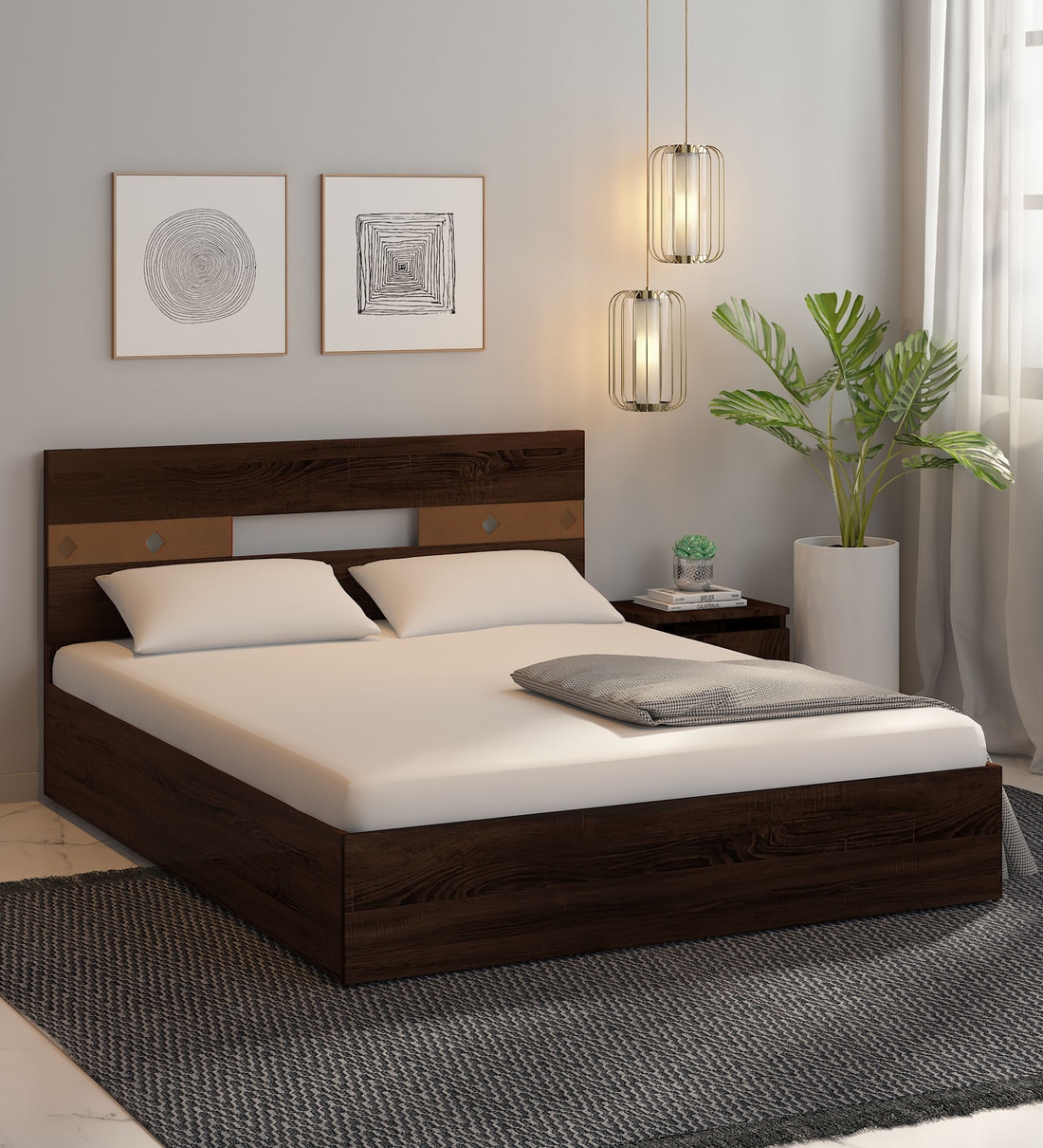 Yuudai Queen Size Bed in Walnut Finish, 