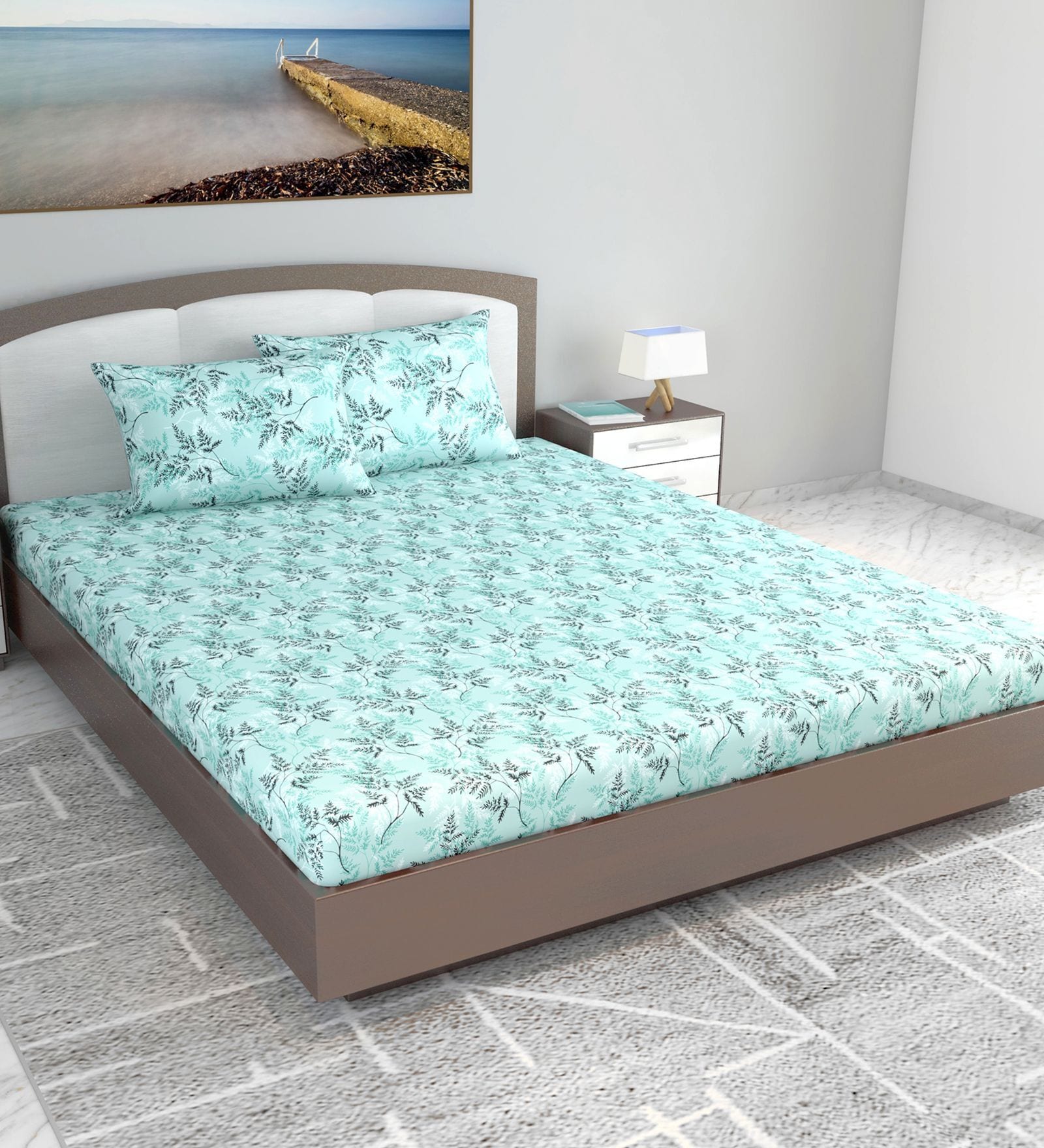 Yucca Floral 144 Tc Cotton Elastic Fitted King Bedsheet With 2 Pillowcovers