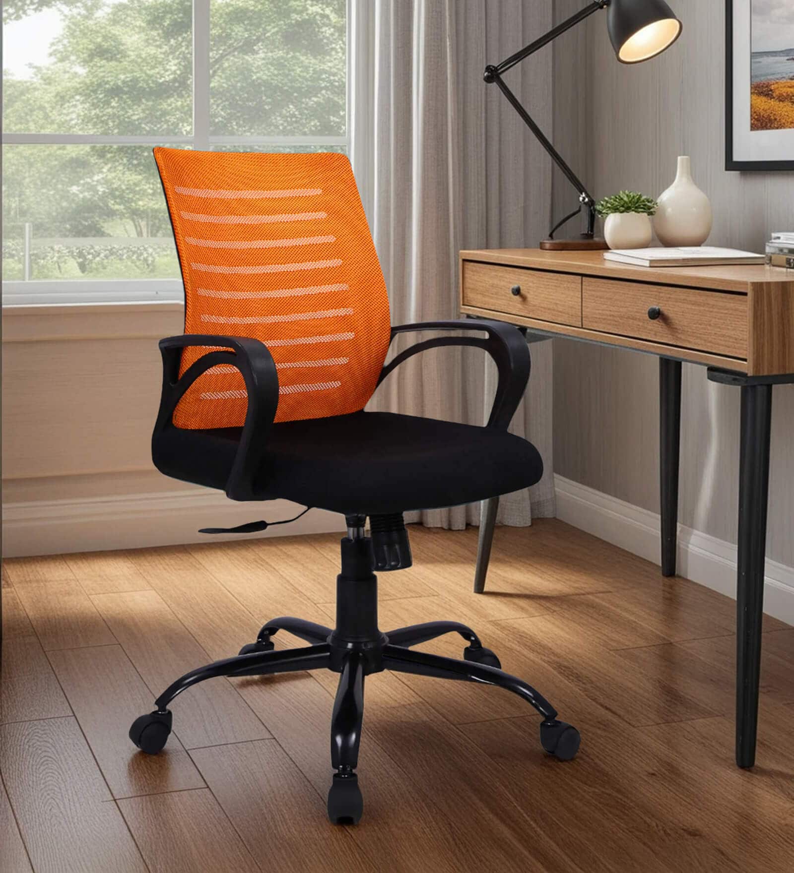 Yukio Breathable Mesh Ergonomic Chair with Rocking-tilt Mechanism in Black & Orange Colour