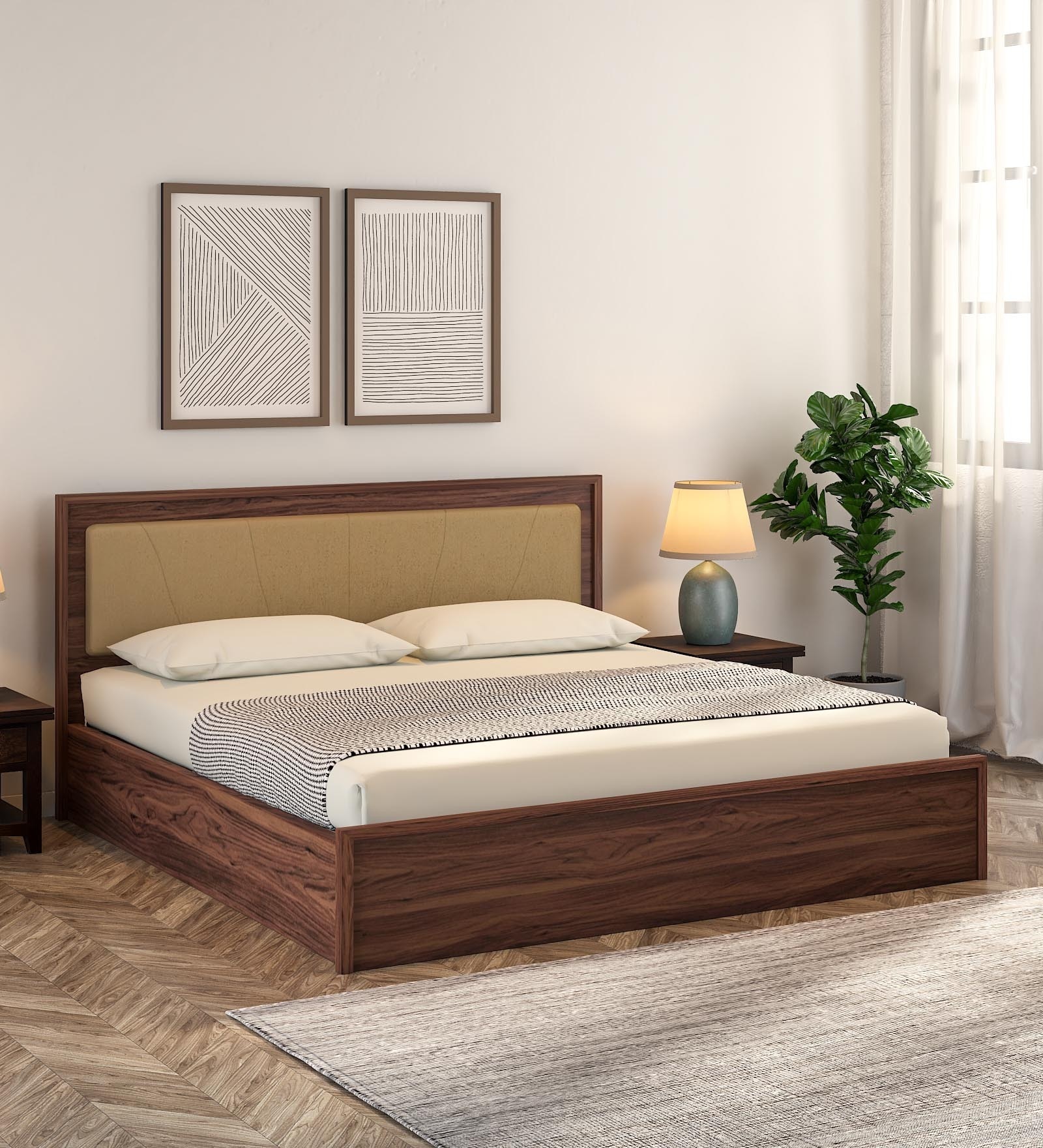 Yuko Upholstered King Size Bed in Columbia Walnut Finish with Hydraulic Storage