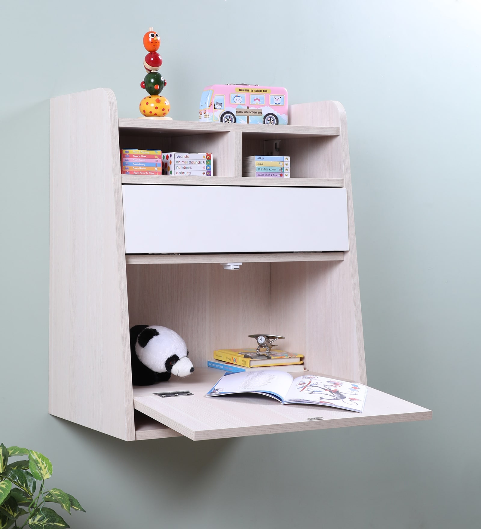 Yun Kids Wall Mounted Study Table In White & Mellow Green Colour