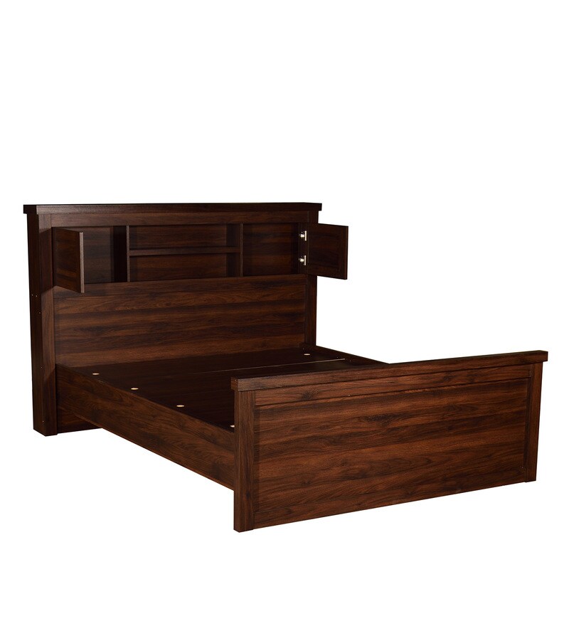 Buy Yuuto Queen Size Bed With Headboard Storage In Walnut Finish By