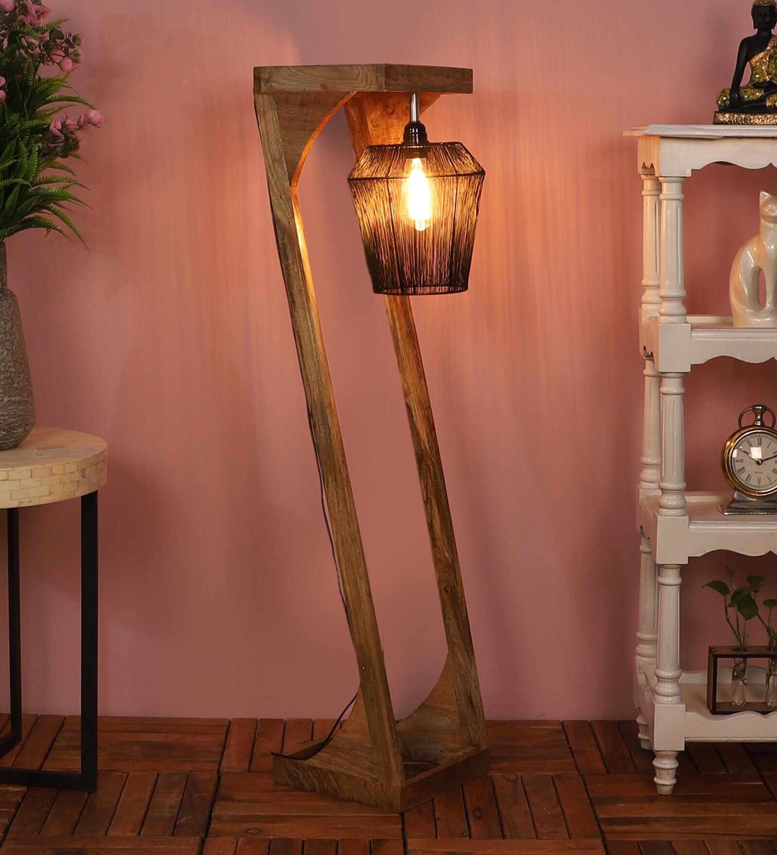 Antonio Black Metal Shade Club Floor Lamp With Mango wood Base