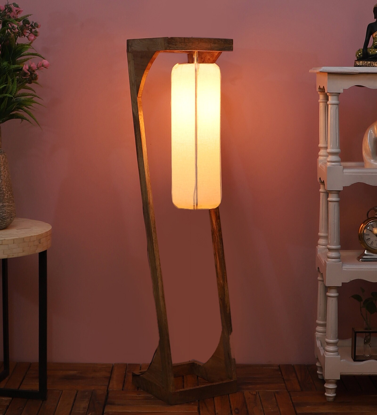 Castilla White Cotton Shade Club Floor Lamp With Mango wood Base