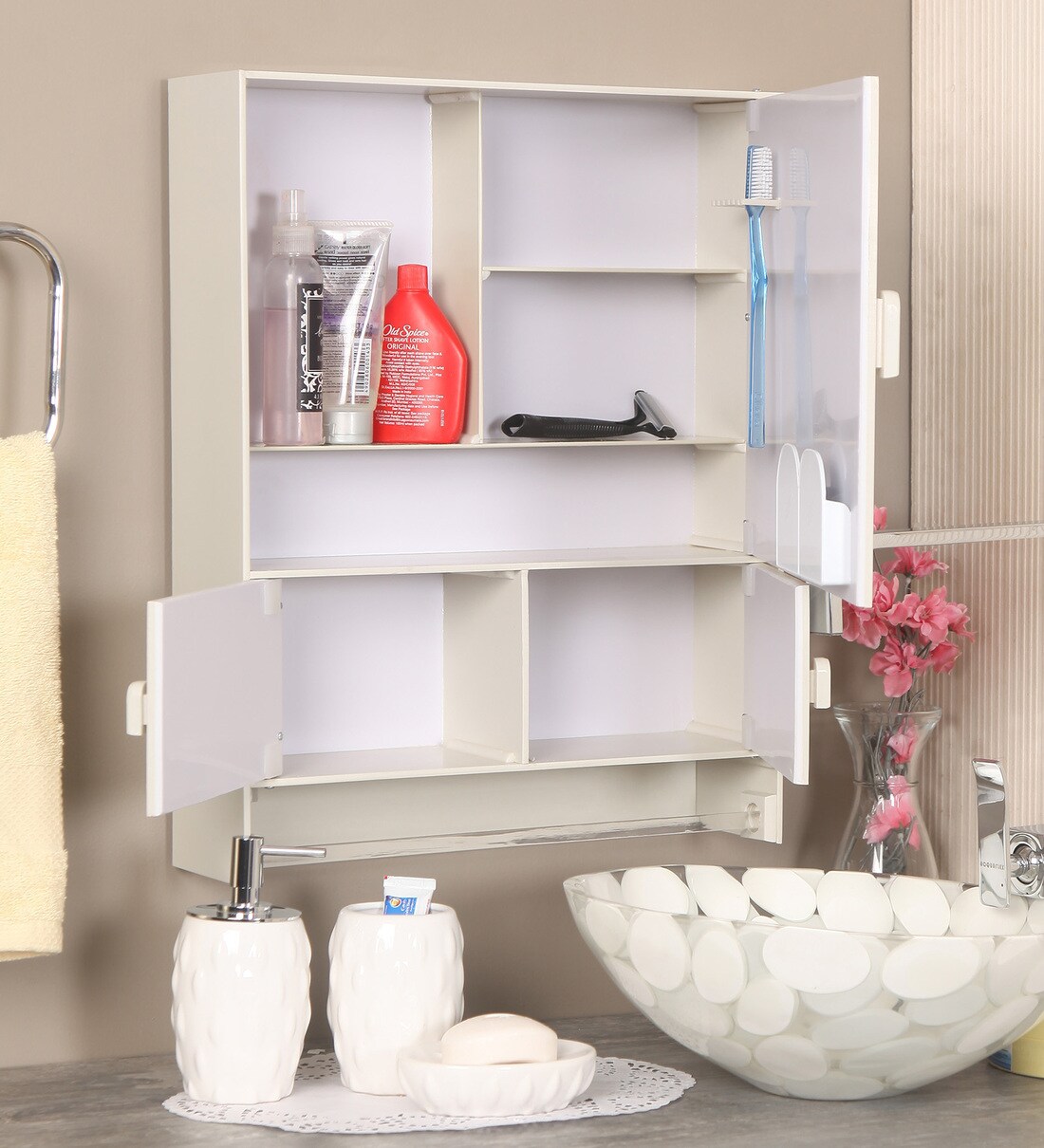 Buy Acrylic Cream 6 Compartment Bathroom With Mirror (L 16, W 4, H 20 Inches) by