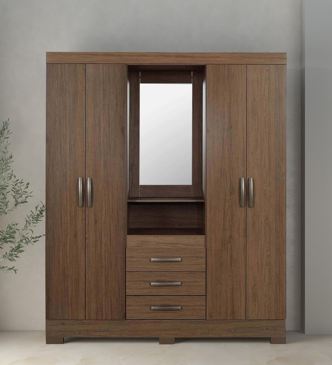 Zamami 4 Door Wardrobe in Brown Oak Finish with Mirror, 