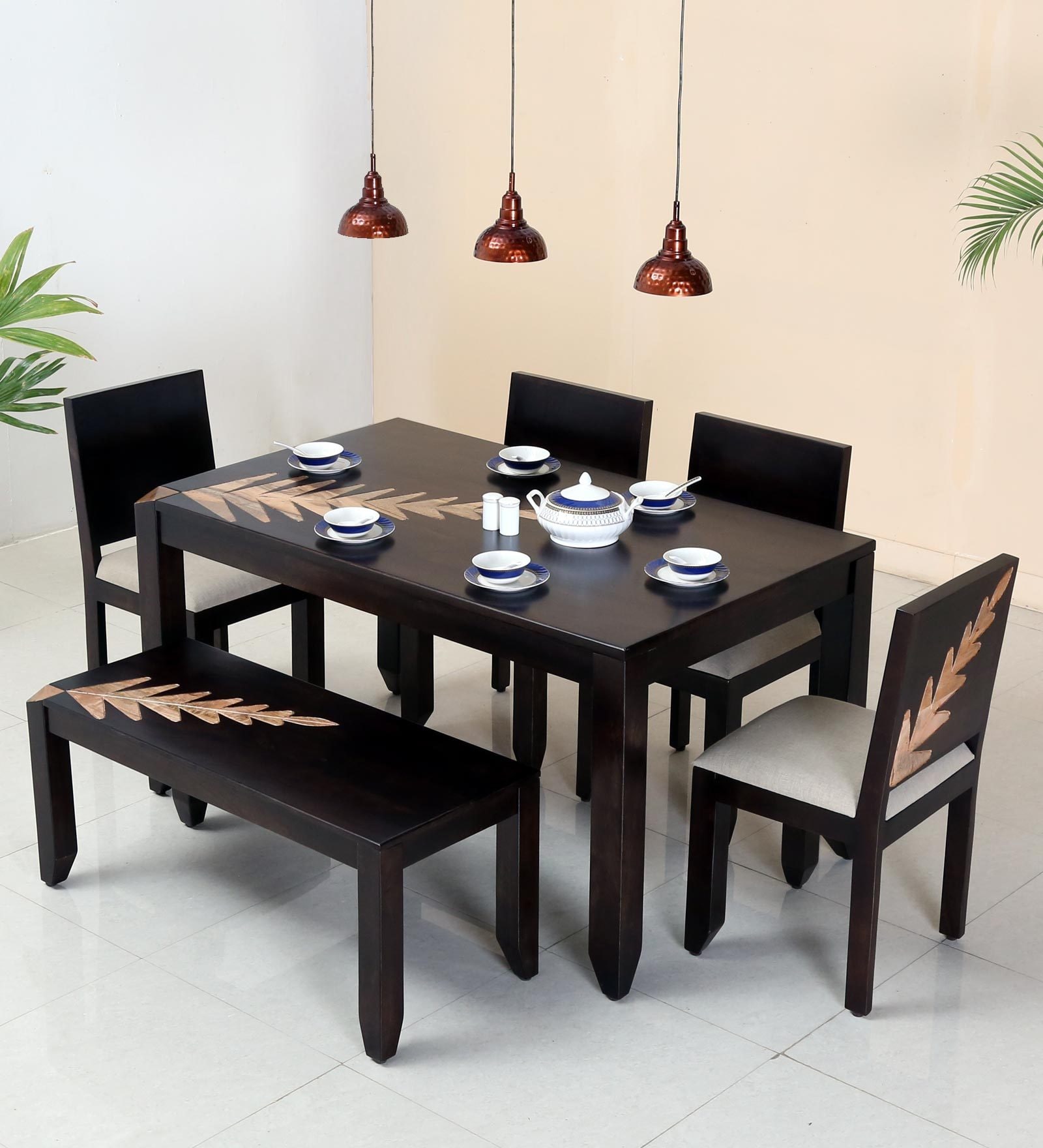 Zabel Solid Wood Six Seater Dining Set with Bench in Dual Tone Finish