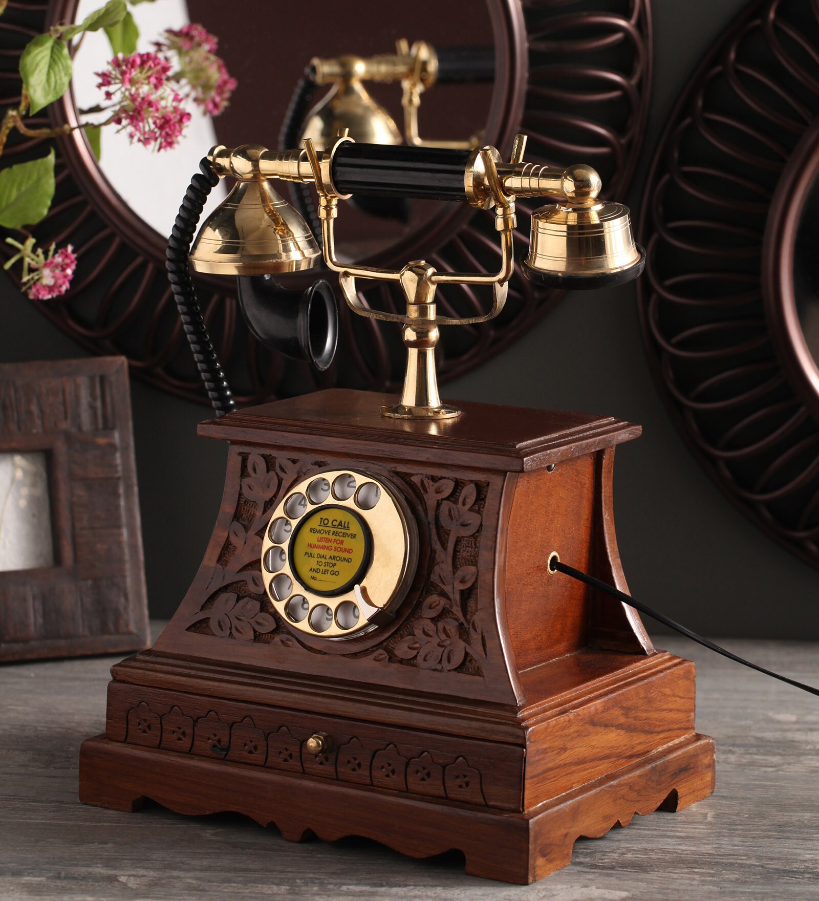 Brown Brass & Wood Maharaja with Drawer Retro Telephone