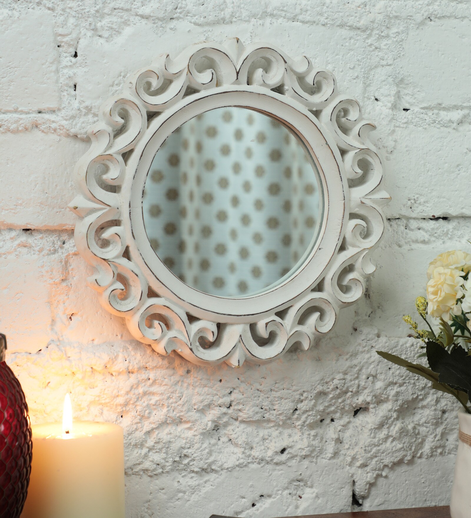 Framed Round Wall Mirror in White colour