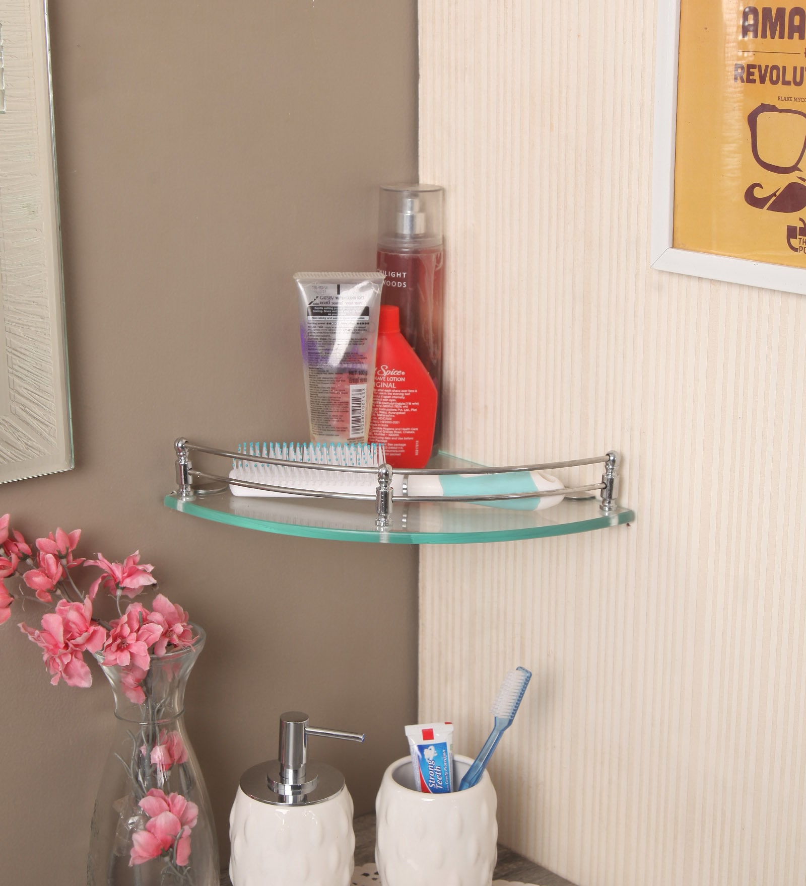 Stainless Steel & Glass Corner Bathroom Shelf (L: 9, W: 9, H: 3 Inches)