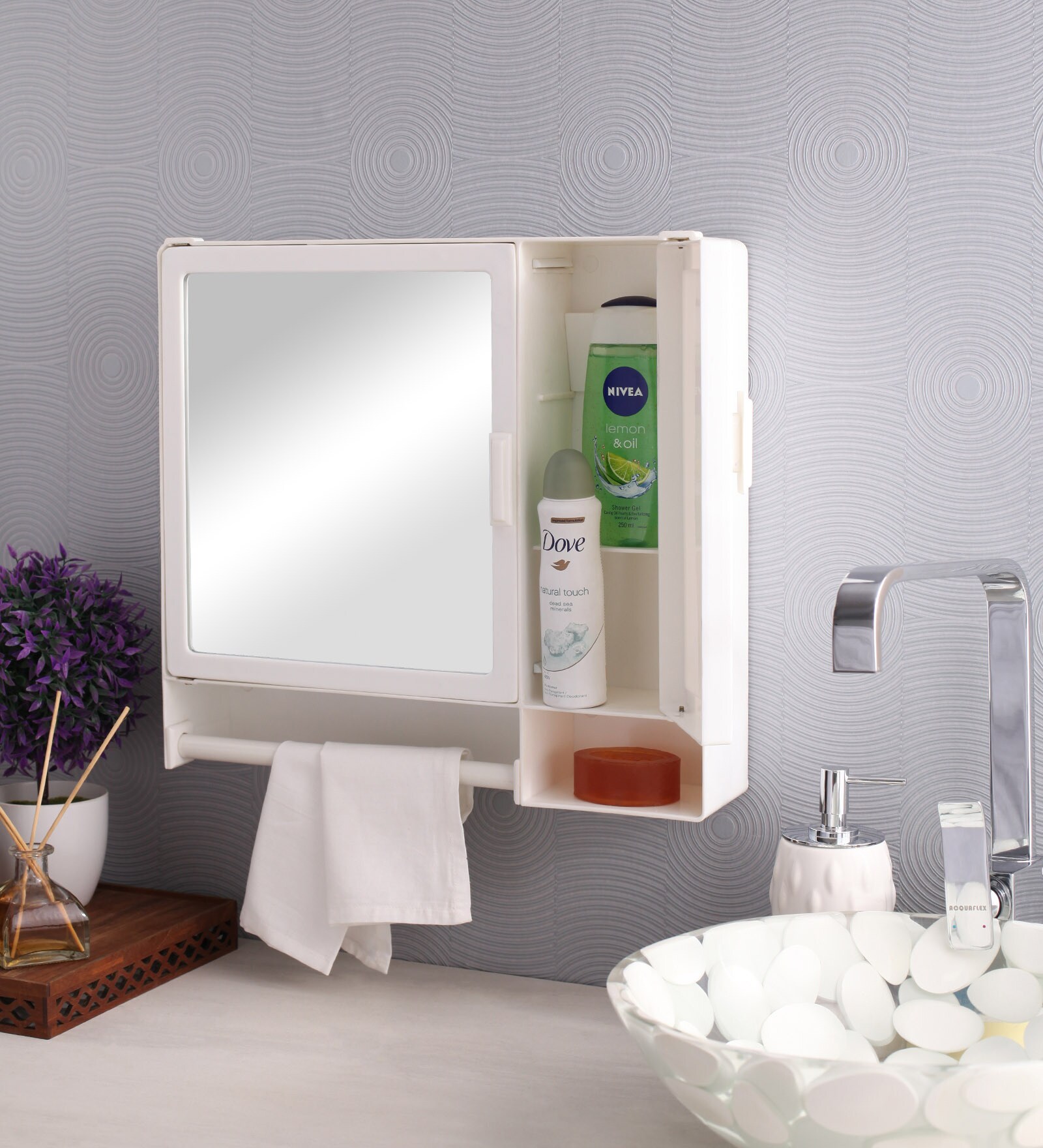Two Door Plastic Bathroom Cabinet With Mirror