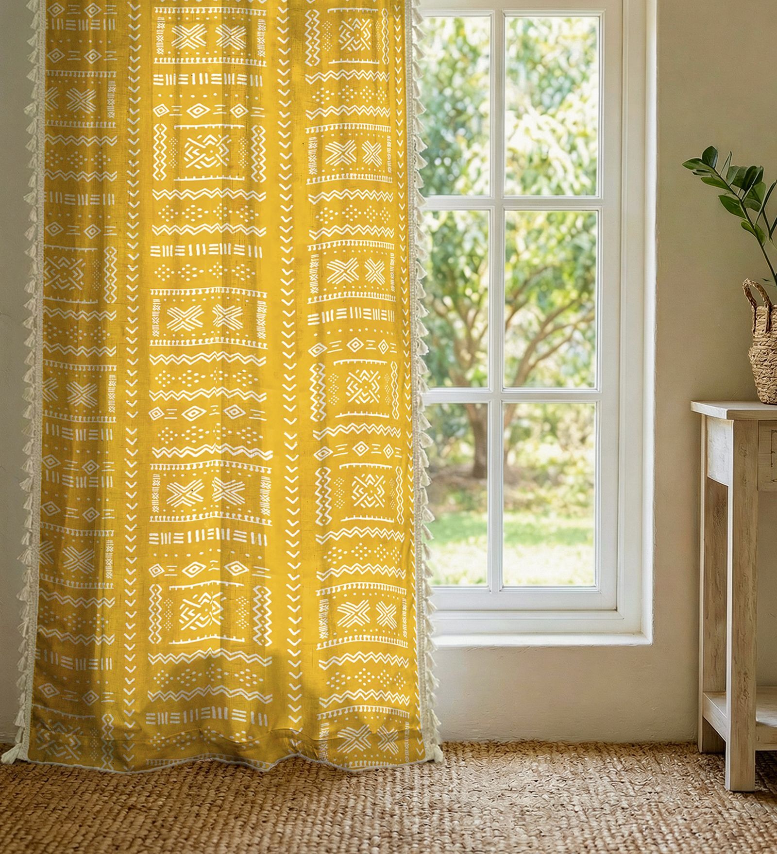 Zahara Mustard Yellow Floral Cotton Curtains for Door Pack of 1