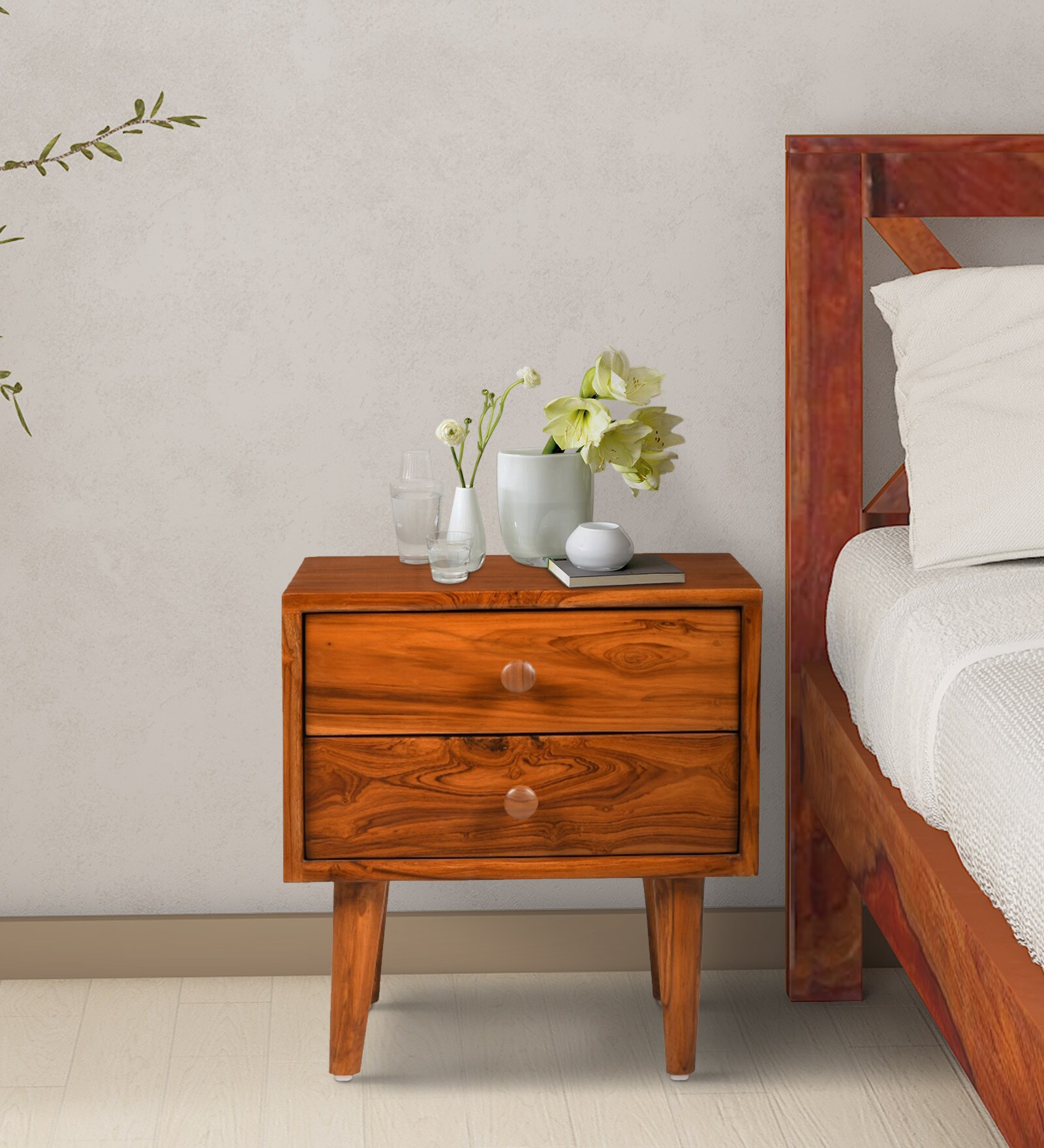 Zakhama Solid Wood Bedside Table In Teak Finish