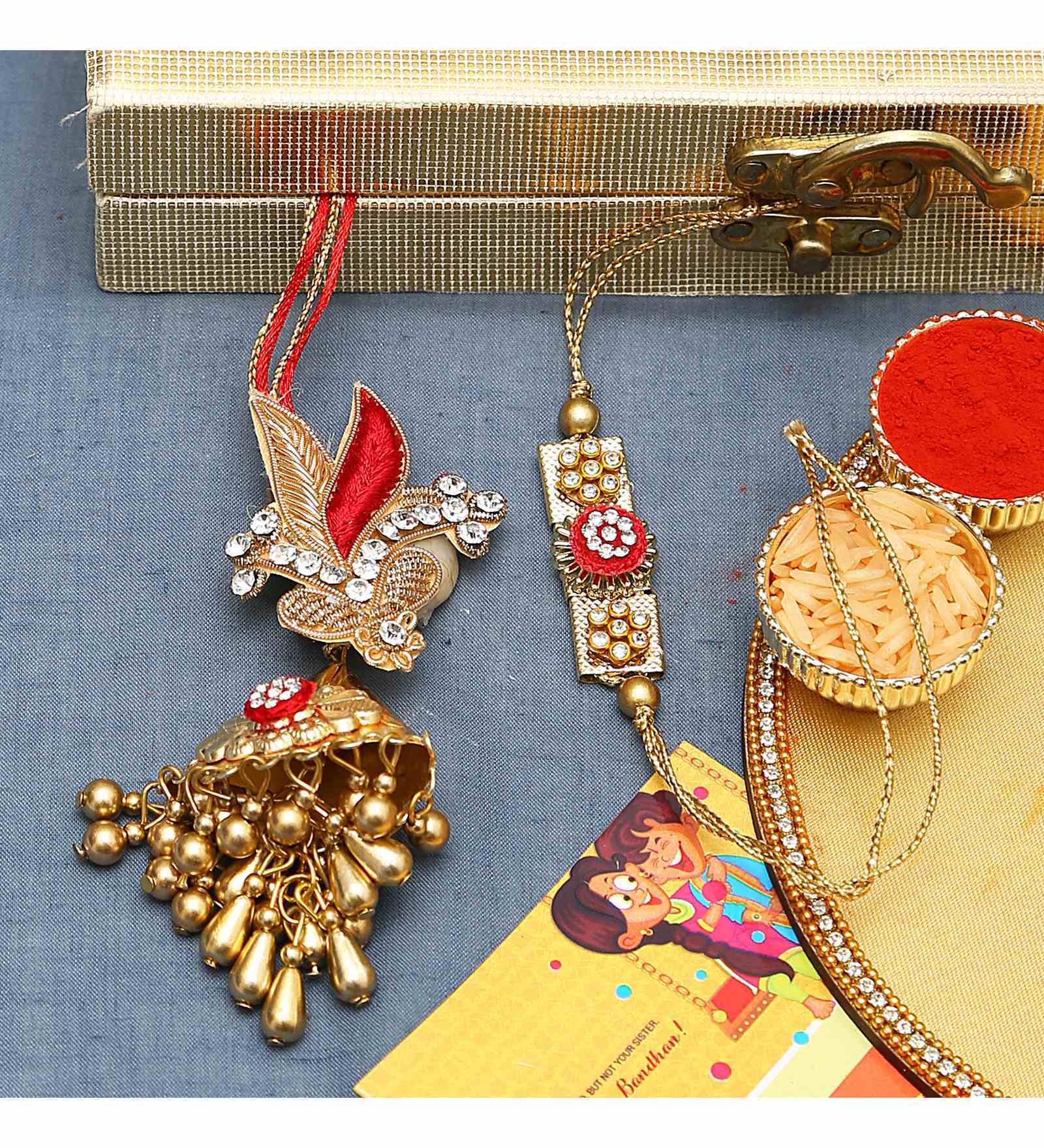 Zardosi work Bhaiya Bhabhi Rakhi Set with Golden Danglers