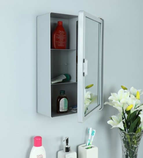 Plastic Grey 4 Compartment Bathroom Cabinet With Mirror