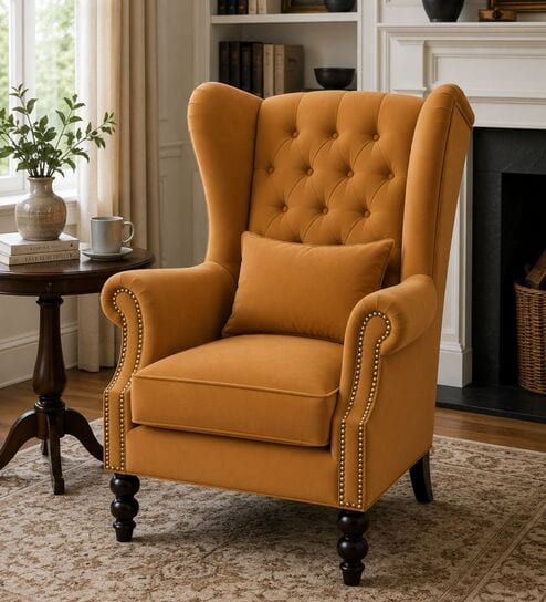 Zarela Teak Wood High Back  Chair With Suede Fabric In Yellow Colour