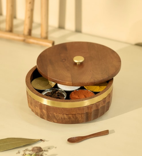 Zari Masala Box | Wooden Spice Box Masala Dani