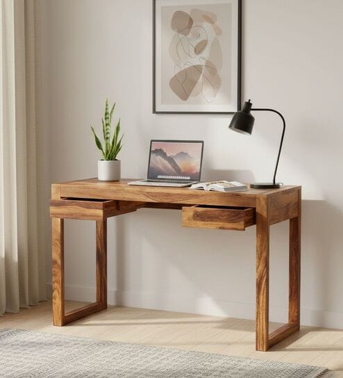 Zaria Writing Table In Natural Teak Finish