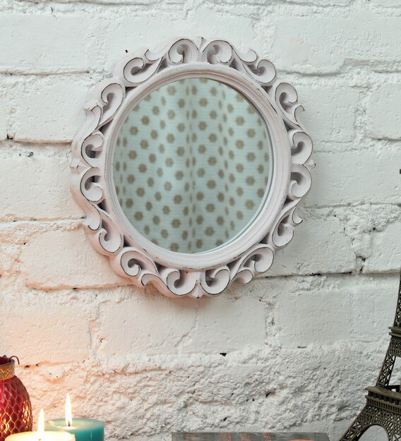 Buy Zahab Round White Mangowood Antique Design Carving Decorative