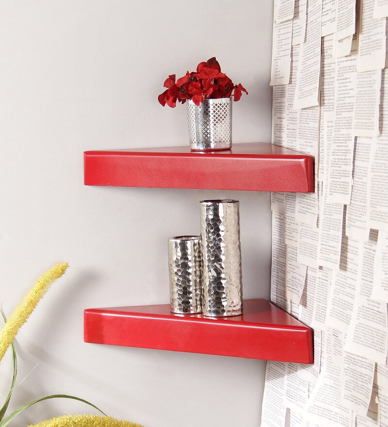 Buy Set of 2 Engineered Wood Corner Wall Shelf in Red Colour by Home Sparkle Online Corner