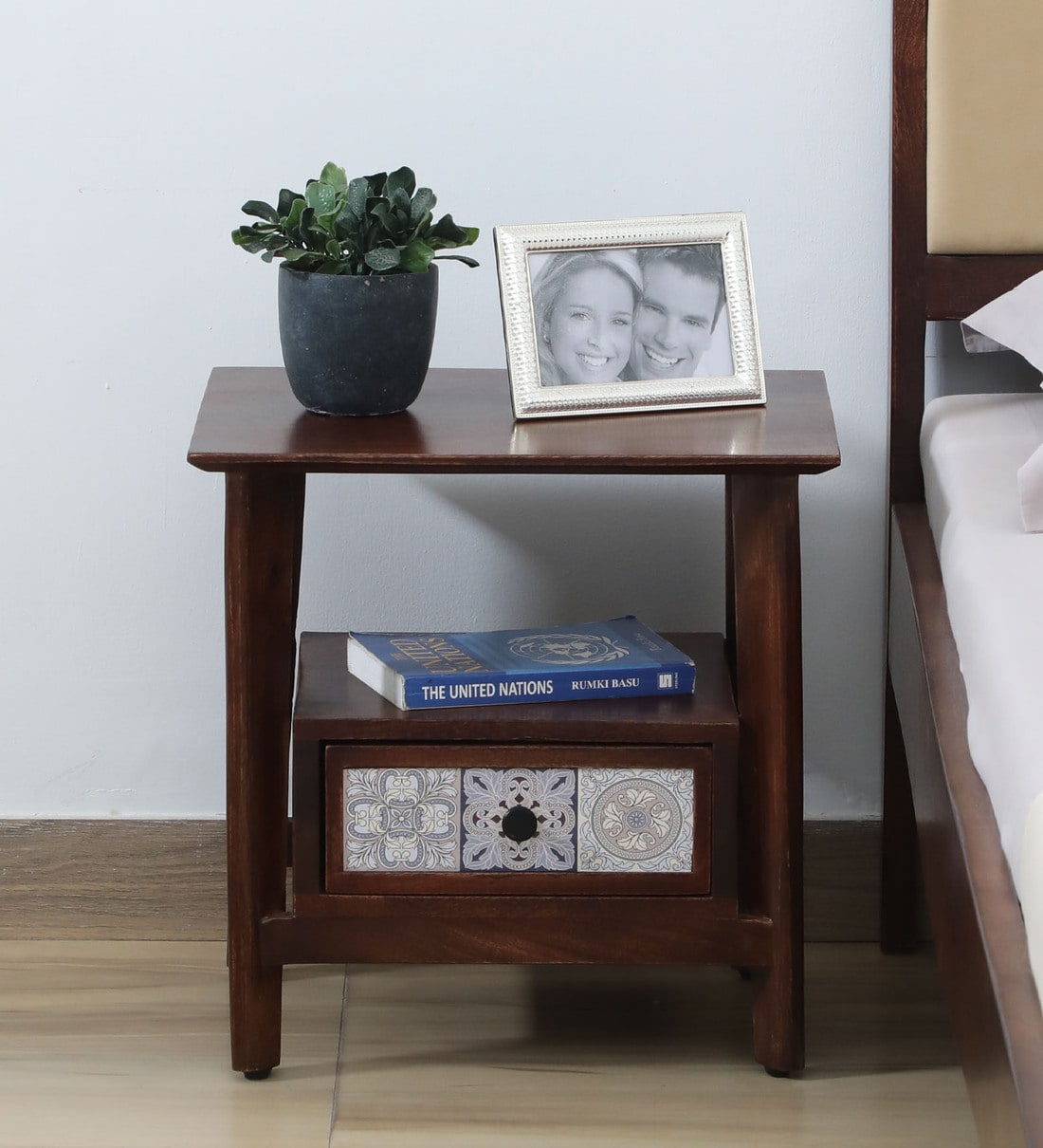 Buy Zellige Solid Wood Bedside Table In Tubbaq Finish With Drawer At 3% ...