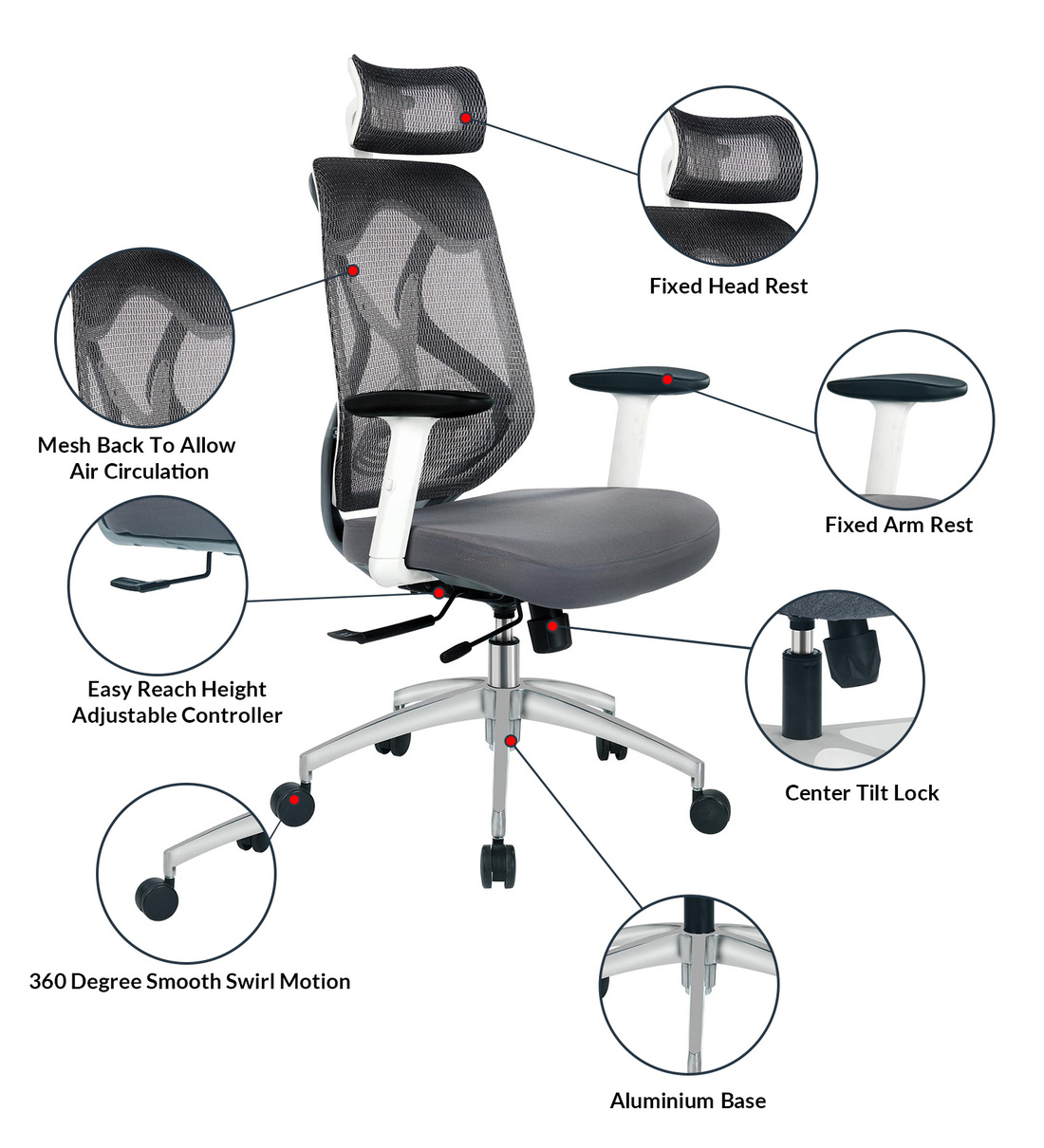 Buy Zen High Back Ergonomic Chair in Grey Colour by Oblique Online